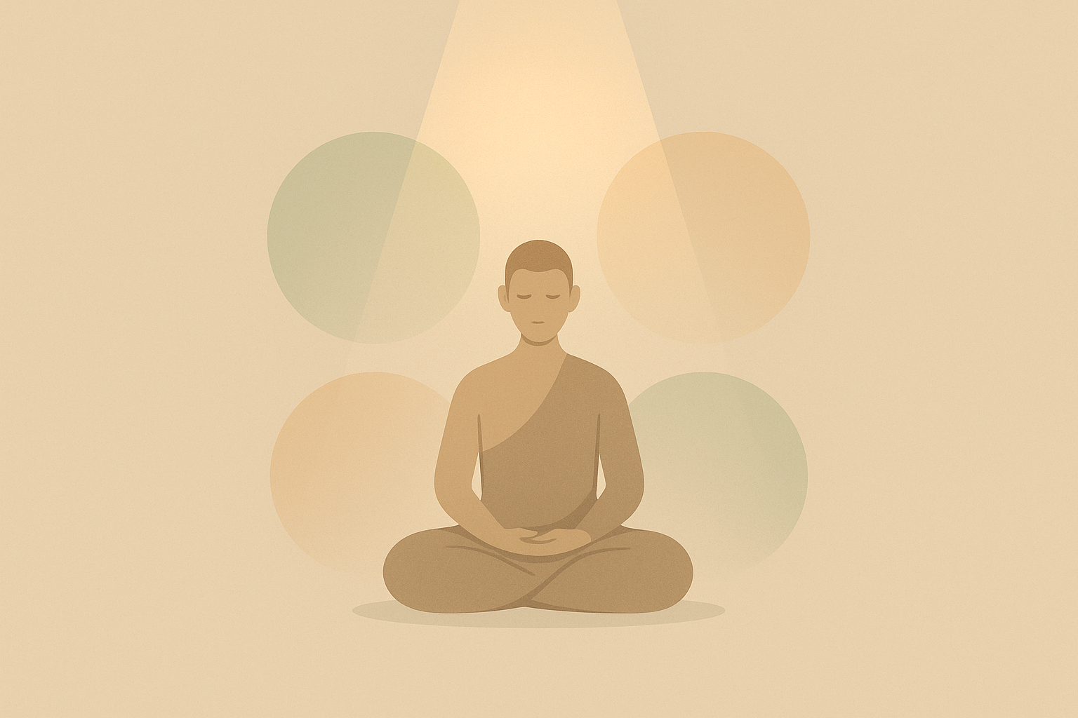 “베이지 톤 배경 위, 네 개의 은은한 원(몸·느낌·마음·법) 사이에서 따뜻한 스포트라이트를 받으며 좌선하는 수행자”