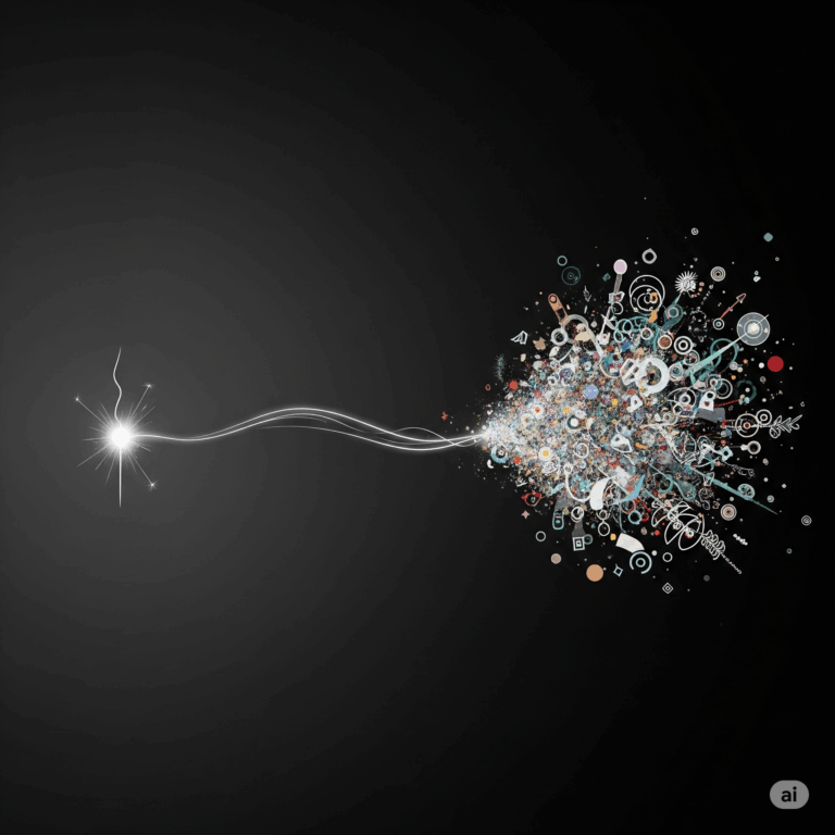 어두운 배경 위에, 왼쪽의 날카롭고 밝은 흰색 빛 한 점(1차 경험)에서 시작된 빛줄기가 오른쪽으로 흐릅니다. 오른쪽에서 이 빛줄기는 수많은 다채로운 색상의 원, 기호, 점들이 뒤섞인 복잡한 형태로 폭발하듯 펼쳐집니다(2차 경험). 이는 단일하고 순수한 감각이 어떻게 생각과 감정이 더해진 복잡한 정신적 경험으로 변모하는지를 추상적으로 시각화한 것입니다.