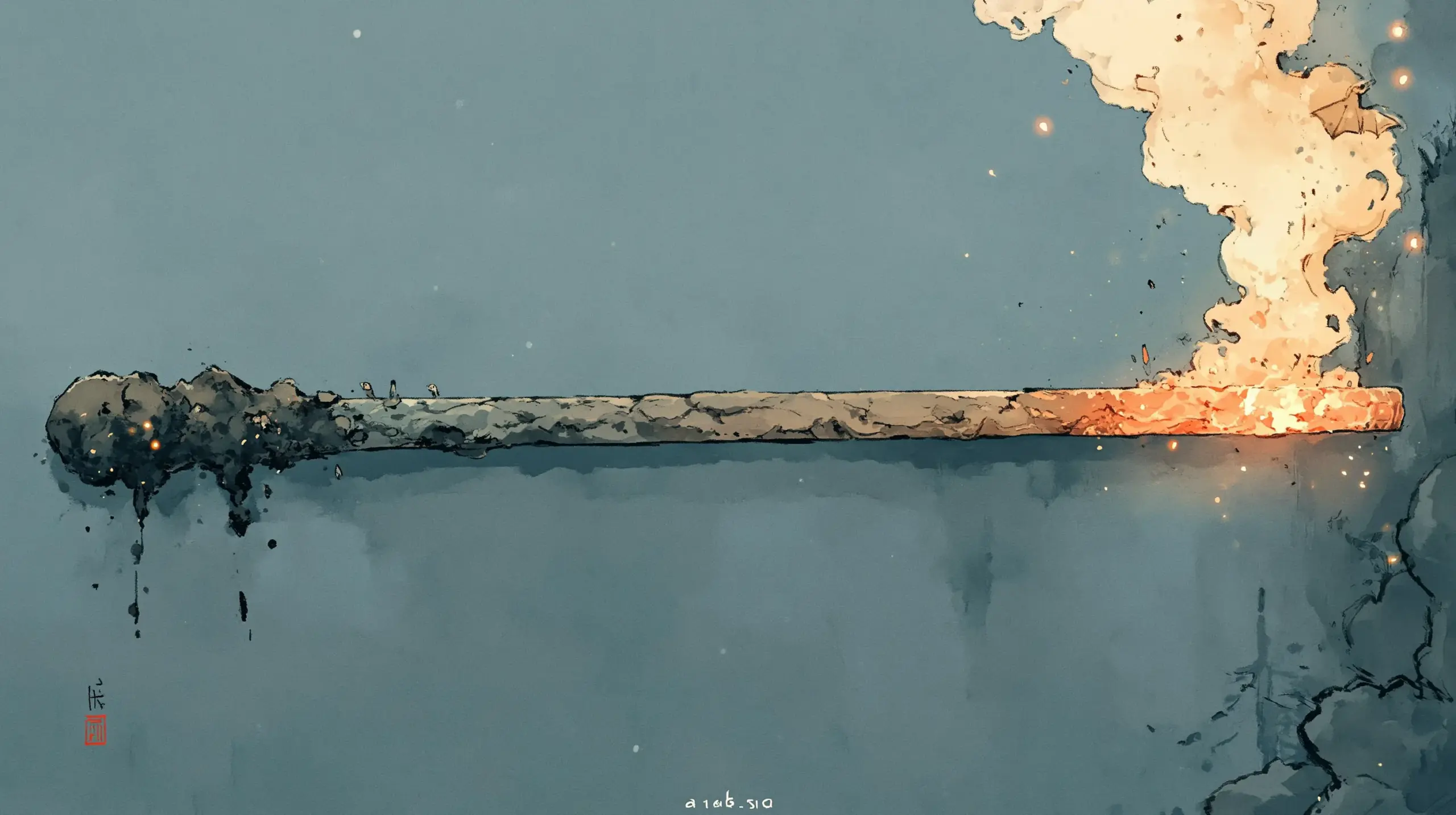 수평으로 놓인 쇠막대기, 한쪽 끝은 불에 달궈져 있다