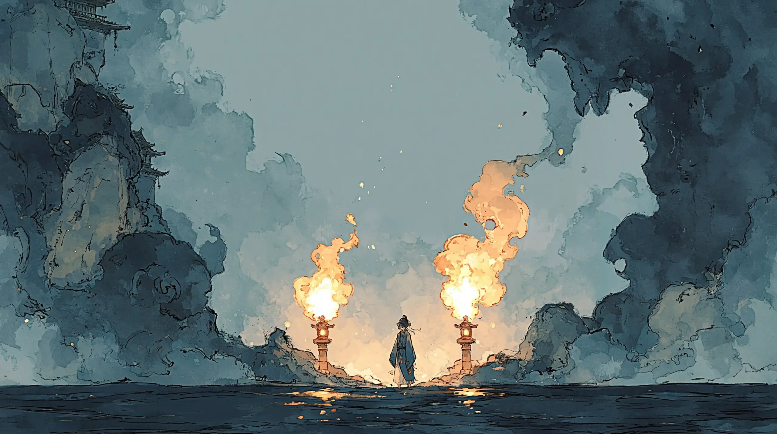 어둠 속에 작은 불꽃 두 개가 나란히 타오르고 있다