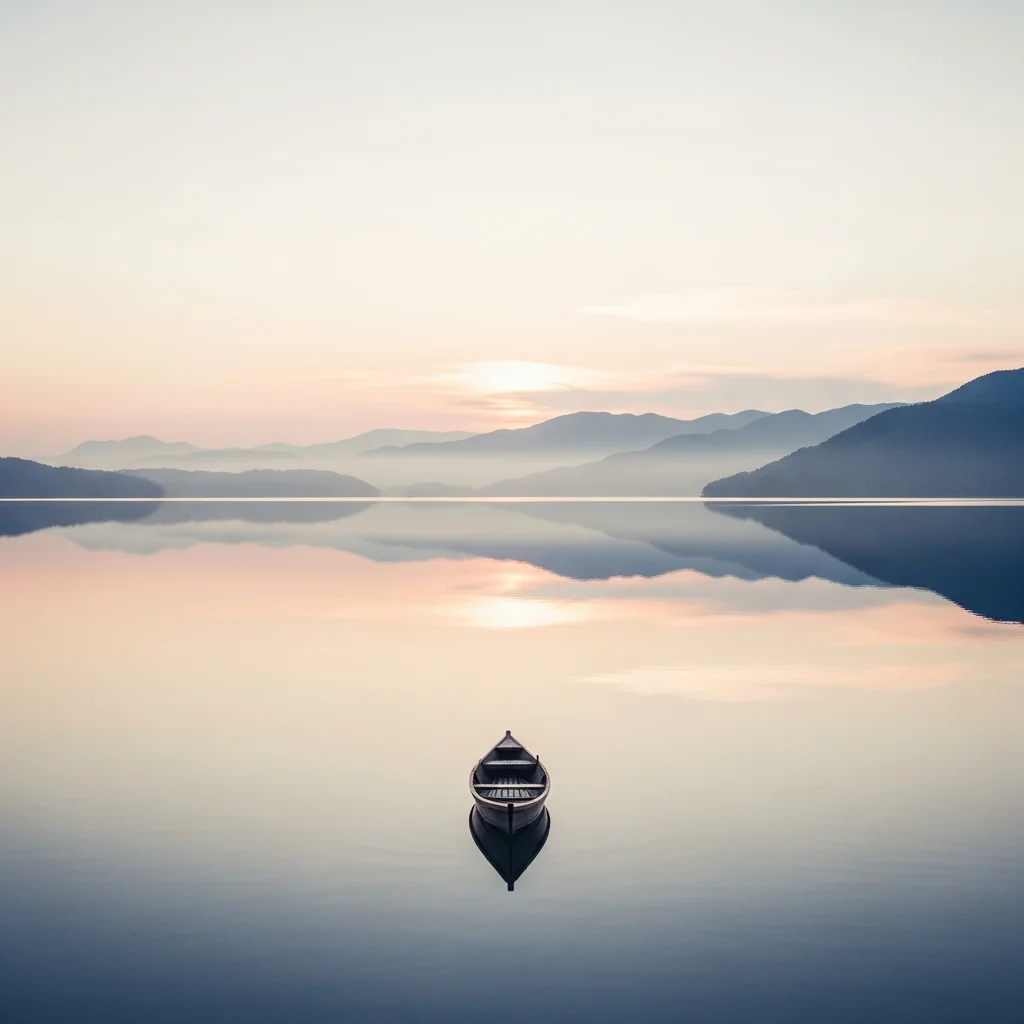우타가와 히로시게 풍 수묵채색화 — 잔잔한 호수 한가운데 배 한 척이 떠 있고, 수면 위로 먼 산과 하늘이 비치고 있다.